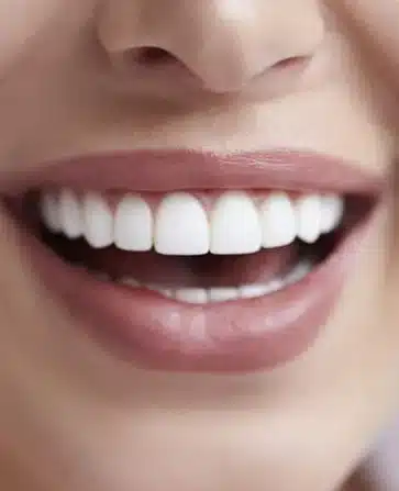 Close-up of a smiling person displaying bright white teeth and natural-looking lips.