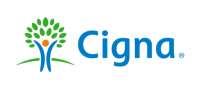 Cigna corporate logo featuring stylized tree figure with green leaves and blue company name text.